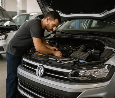 Mecânico trabalhando no motor aberto de um Volkswagen Polo dentro de oficina, com um Fox ao fundo.