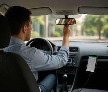 Interior de carro visto do banco traseiro, com motorista à esquerda ajustando o retrovisor e GPS no