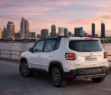 Jeep Renegade 2027 híbrido traseira com placa Renegade em cenário urbano ao pôr do sol