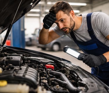 Mecânico analisando motor de carro usado com possível problema mecânico