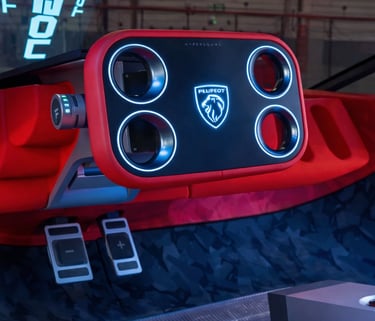 Interior do novo Peugeot 208 2027 com volante Hypersquare e design futurista iluminado
