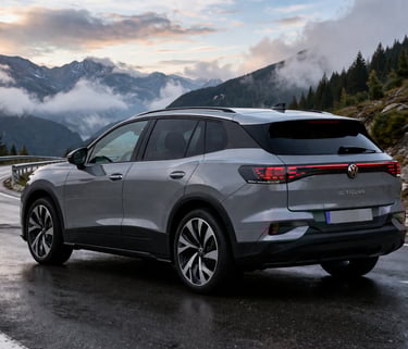 VW ID. Tiguan 2027 SUV elétrico em estrada de montanha com design moderno e traseira iluminada