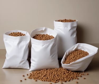three bags of dog food sitting on a table