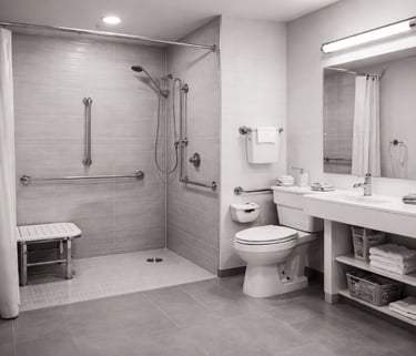 Accessible bathroom with roll-in shower and built-in bench seating.