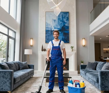 Professional house cleaner in blue overalls vacuuming a luxury living room with cleaning supplies.