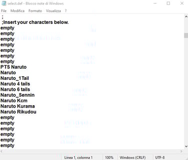 Schermata del file select.def sezione inserimento personaggi