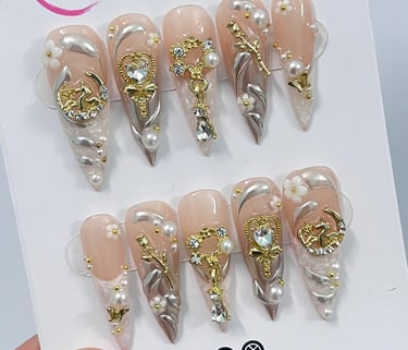 Elegant Pearl French Tip Long Stiletto Press On Nails, Handpainted Fake, False Nail, Christmas Nail Art, Royal Nail Tips