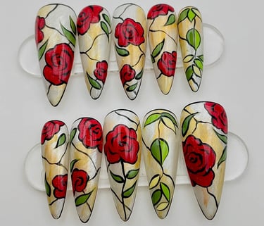 Enchanted Rose Handpainted Press on Nails - Gothic Leaf Red Beauty Stained Glass Flower Stiletto Fake Custom Party Set Glue o
