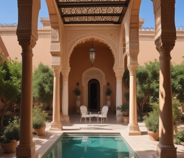 A picturesque villa with two tall, elegant towers located on a lush, green cliffside overlooking a serene body of water. The villa is partially covered in climbing vines, adding to its charm. Mature trees surround the property, providing shade and natural beauty. The sky is clear, contributing to the tranquil ambiance.