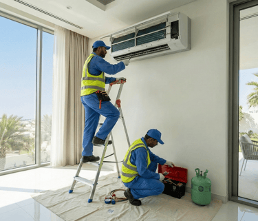 Technicians performing professional air conditioning repair and maintenance