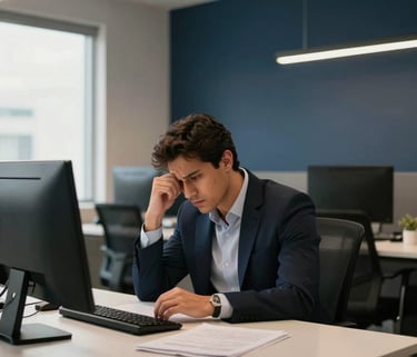 A modern office in Brazil, a professional employee looking slightly stressed sitting at a desk, clean minimalist design with dark navy blue accents, realistic warm soft lighting, photography style.