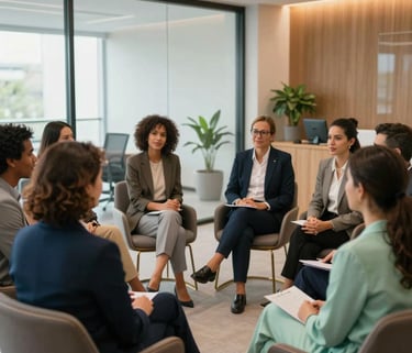 A close up high-quality photo of a modern corporate meeting room in Brazil. A diverse team of employees sits in comfortable chairs in a circle, conversing warmheartedly with a professional mental health counselor, warm ambient natural light coming from a large glass window, clean corporate layout, minimalist design with plants visible in the background, dark blue and mint green tones.