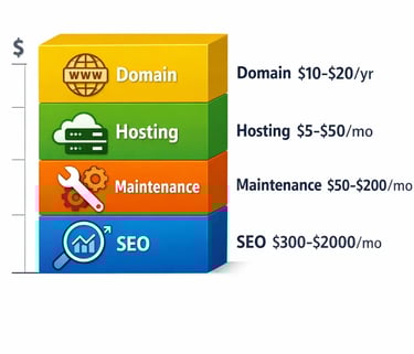 Website ongoing costs: domain, hosting, maintenance, and SEO pricing breakdown