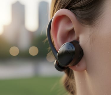 uma mulher usando um par de fones de ouvido e fones de ouvido