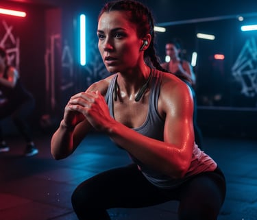Uma mulher faz agachamentos em um aparelho de crossfit em uma academia.