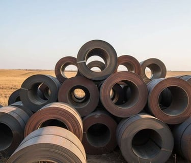 Bulk Hot Rolled Steel Coils stacked for export shipment in warehouse