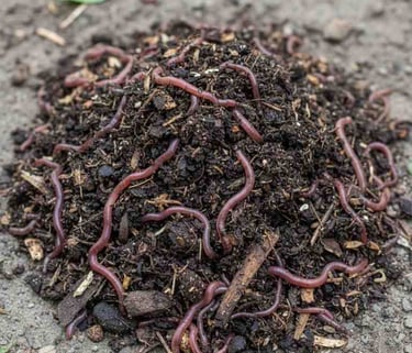 “Top view of vermicompost showing worms and organic texture clearly”