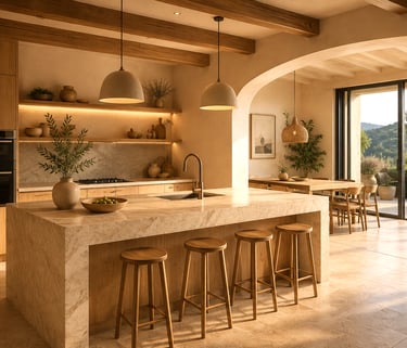 uisine sur mesure en bois avec îlot central, arche méditerranéenne et finitions haut de gamme.
