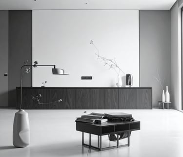 a living room with a table and a vase with flowers