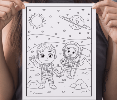 a woman holding a coloring book with a drawing of a cartoon character