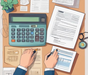 A professional accountant reviewing tax documents with a calculator and laptop in an office setting.