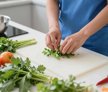 Nahaufnahme von Händen, die frische, bunte pflanzliche Zutaten in einer modernen Großküche zubereiten. Helle, natürliche Beleuchtung. Fokus auf die frischen Zutaten und die sorgfältige Zubereitung. Weitwinkel, 35mm.