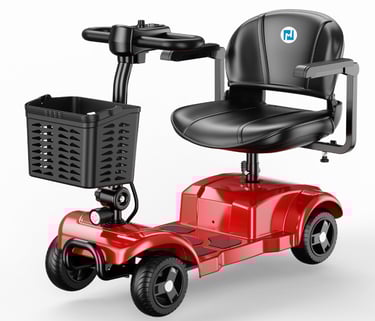 Red four-wheel mobility scooter with basket