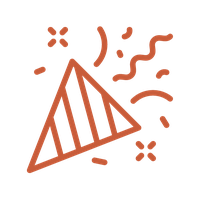 Icono de fiesta con un gorro de celebración y confeti en color naranja