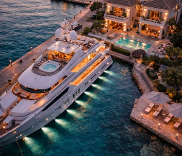 A yacht parked near a sea facing villa