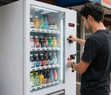A technician carefully installing a sleek vending machine in a modern office break room.