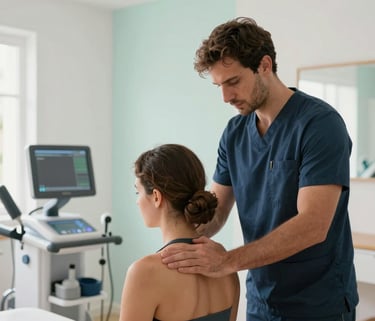 A professional physiotherapy session in a bright, modern clinic in Mallorca. A Southern European / Spanish therapist is performing manual therapy on a patient's shoulder. High-end medical equipment, clean aesthetic with white and light mint walls, calm atmosphere, natural Mediterranean light.