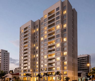 A wide landscape shot of a modern residential condominium building in Brazil at dusk, with warm lights and clean architectural lines, representing the property being protected.
