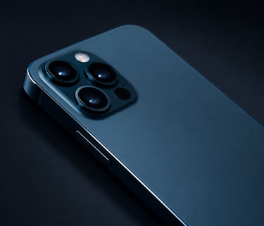Close-up of a blue smartphone with a triple-lens camera system on a dark background.