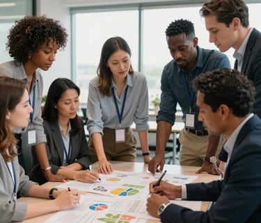 A diverse group of staff members gathered around a table in a bright, modern Michigan office, looking at community plans. Professional and collaborative.