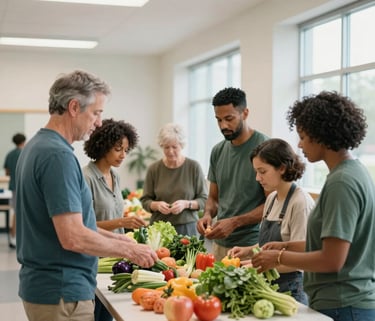 A bright and clean indoor community center setting in North American / Michigan US where a diverse group of people are gathered around a table with fresh local produce. Soft natural lighting, professional and approachable mood, featuring muted teal and forest green accents.