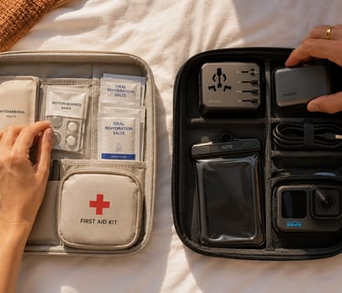 Travel first aid kit and electronics organizer with portable power bank, GoPro, and motion sickness medicine.