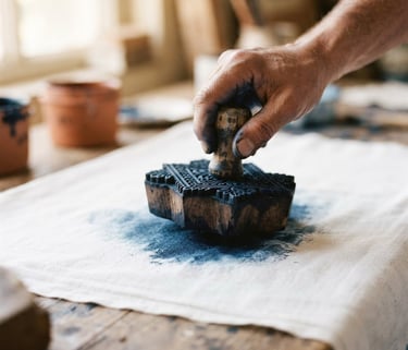 Extreme close-up of a hand-carved wooden block stamping deep indigo dye onto pure white cotton fabric, warm natural morning light, shallow depth of field, 35mm