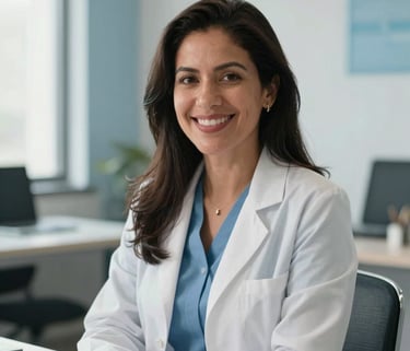 A professional and warm portrait of a Hispanic female psychologist in her late 30s, smiling empathetically. She is sitting in a bright, modern office with soft steel blue and light blue accents. Natural lighting fills the room.