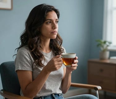 A Hispanic woman sitting in a serene therapy office with soft mist blue walls, holding a ceramic cup of tea, looking contemplative and calm in a natural light setting.