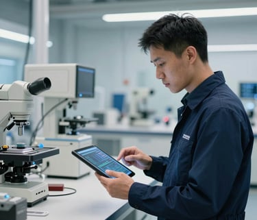 A high-tech research facility in North America with clean lines and soft blue lighting. A professional is reviewing data on a tablet, emphasizing innovation and sophisticated strategy. The color palette includes dark blue and off-white accents.