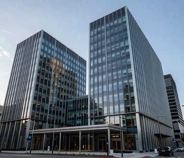 A wide architectural shot of a modern philanthropic headquarters in a North American city, featuring sleek glass and steel construction under a clear sky.