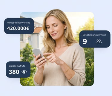 Woman using a real estate app to view property valuation, viewing appointments, and exposé views.