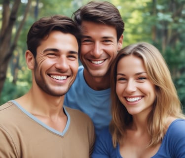 A warm, candid portrait of a smiling bride and groom, softly lit with natural light.