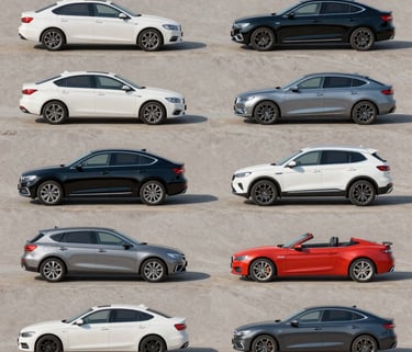 A warm-toned image showing a person happily browsing car models on a laptop.