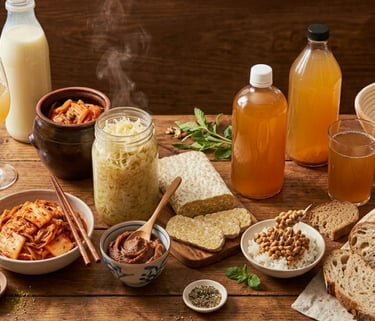 A variety of probiotic-rich fermented foods like kimchi, sauerkraut, kombucha, and tempeh on a wooden table.