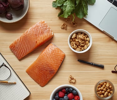 Fresh salmon fillets, walnuts, and berries on a desk near a laptop for healthy brain food snacks.