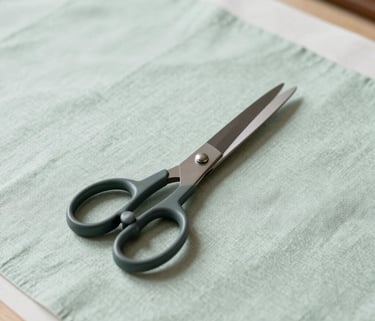 A minimalist studio photograph of professional tailor's shears resting on a light green linen surface, soft natural light, North American / US workshop setting, clean and sophisticated aesthetic, using soft pale green and white tones.