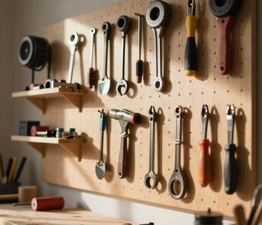 A sunlit North American workshop where tools are perfectly organized on a pegboard, creating an atmosphere of clarity and readiness.