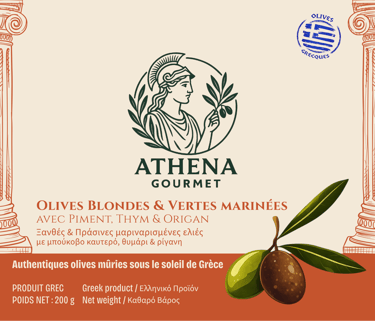 Olives blondes et vertes marinées avec piment, thym et origan