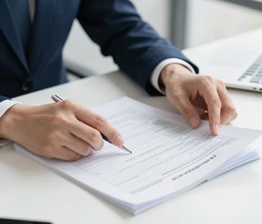Close-up of hands reviewing physical energy bills on a modern office desk, bright natural daylight, cool navy tones